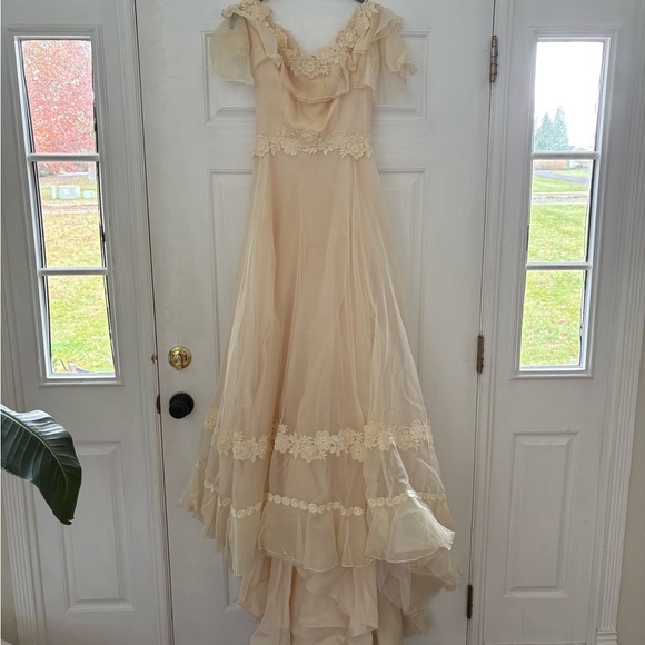 Vintage 1970s Prairie Wedding Gown – Organza Ruffles, Daisy Floral Appliqué - Picture 3 of 15